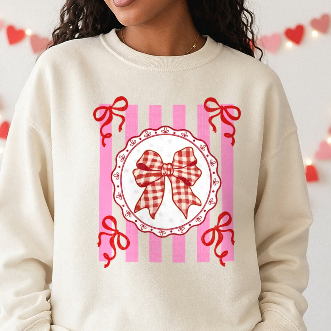 Valentine Preppy Coquette Bow Stripe DTF transfer shown on a Comfort Colors sweatshirt