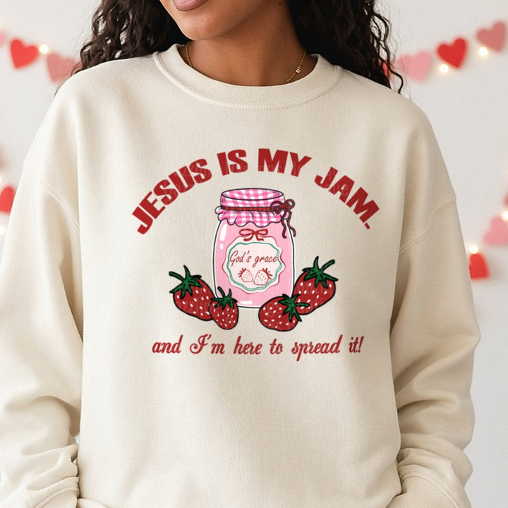 Jesus Is My Jam Valentine DTF transfer shown on a Comfort Colors sweatshirt