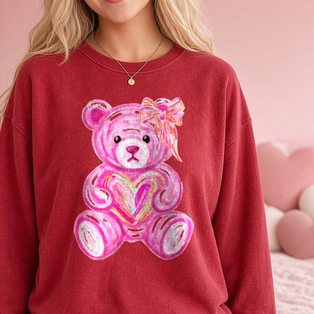 Valentine Brushstroke Bear DTF transfer shown on a Comfort Colors sweatshirt