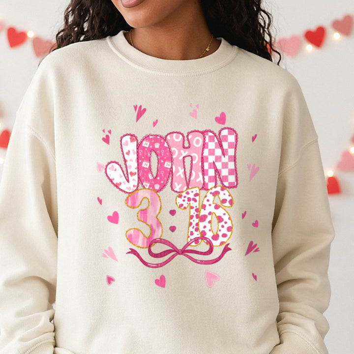Valentine John 3:16 DTF transfer shown on a Comfort Colors sweatshirt