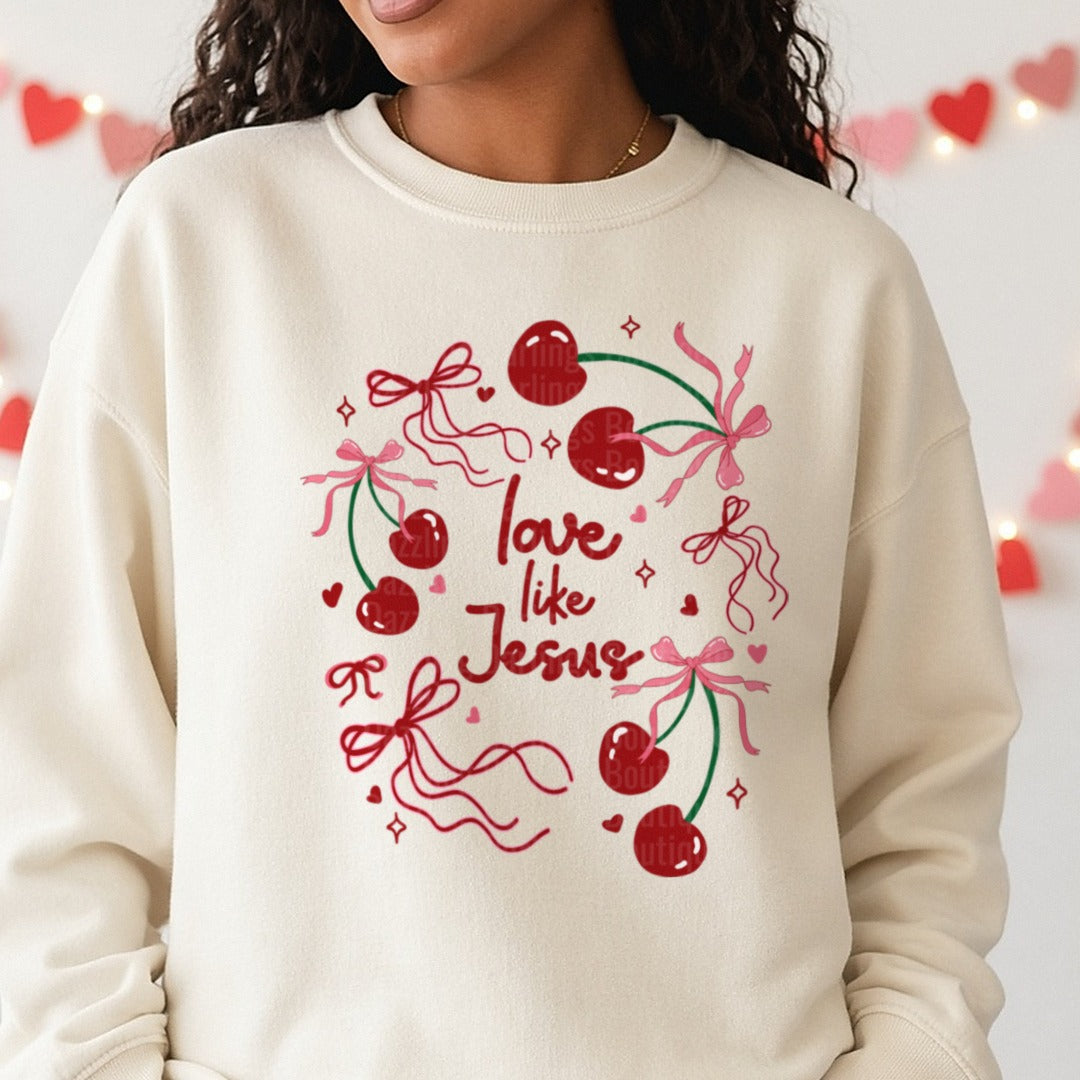 Love Like Jesus Valentine DTF transfer shown on a Comfort Colors sweatshirt
