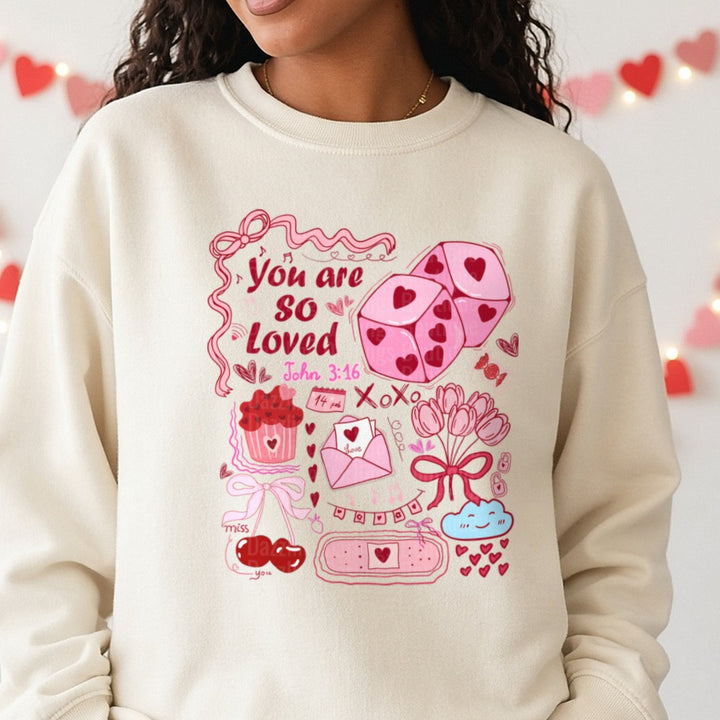 Valentine Doodles DTF transfer shown on a Comfort Colors sweatshirt