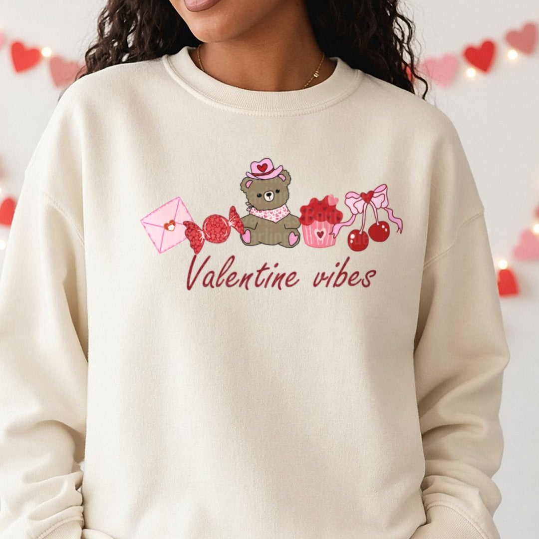 Valentine Bear Note DTF transfer shown on a Comfort Colors sweatshirt