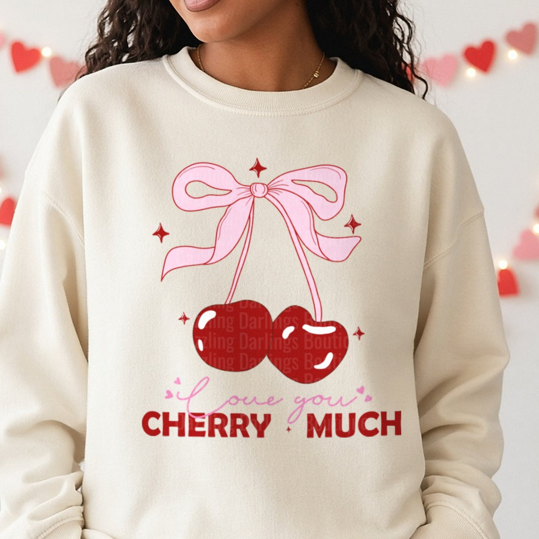 Valentine I Love You Cherry Much DTF transfer shown on a Comfort Colors sweatshirt