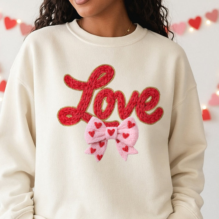 Valentine Love Bow Yarn DTF transfer shown on a Comfort Colors sweatshirt