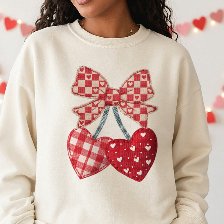 Valentine Cherry Hearts DTF transfer shown on a Comfort Colors sweatshirt