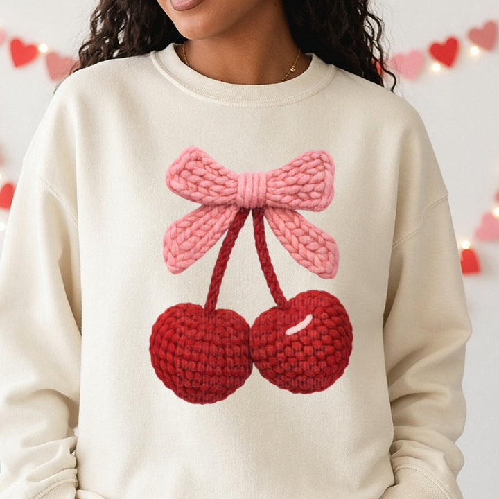 Red Cherry with Bow DTF transfer shown on a Comfort Colors sweatshirt