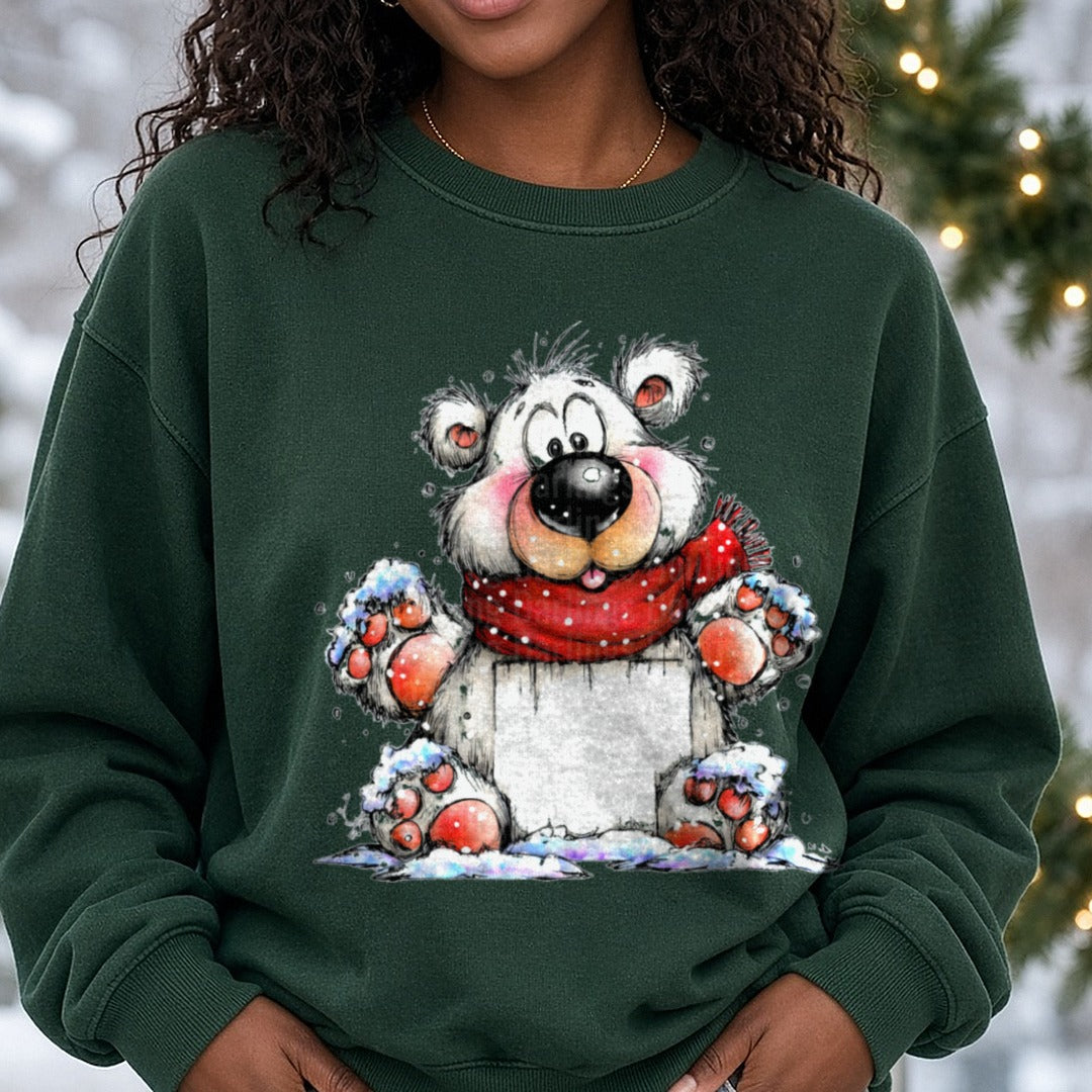 Hand-drawn Christmas Bear DTF transfer shown on a Comfort Colors sweatshirt