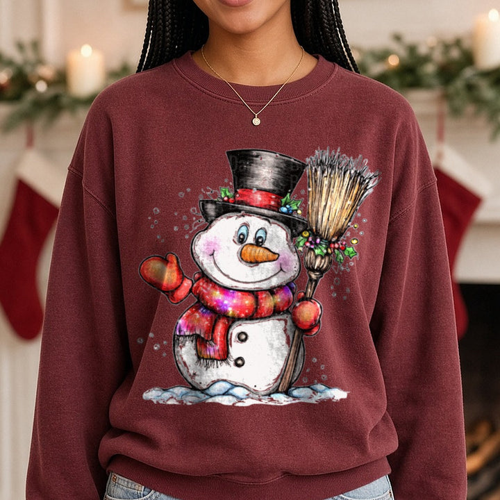 Hand-drawn Snowman DTF transfer shown on a Comfort Colors sweatshirt