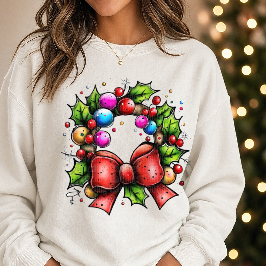 Hand-drawn Christmas Wreath DTF transfer shown on a Comfort Colors sweatshirt