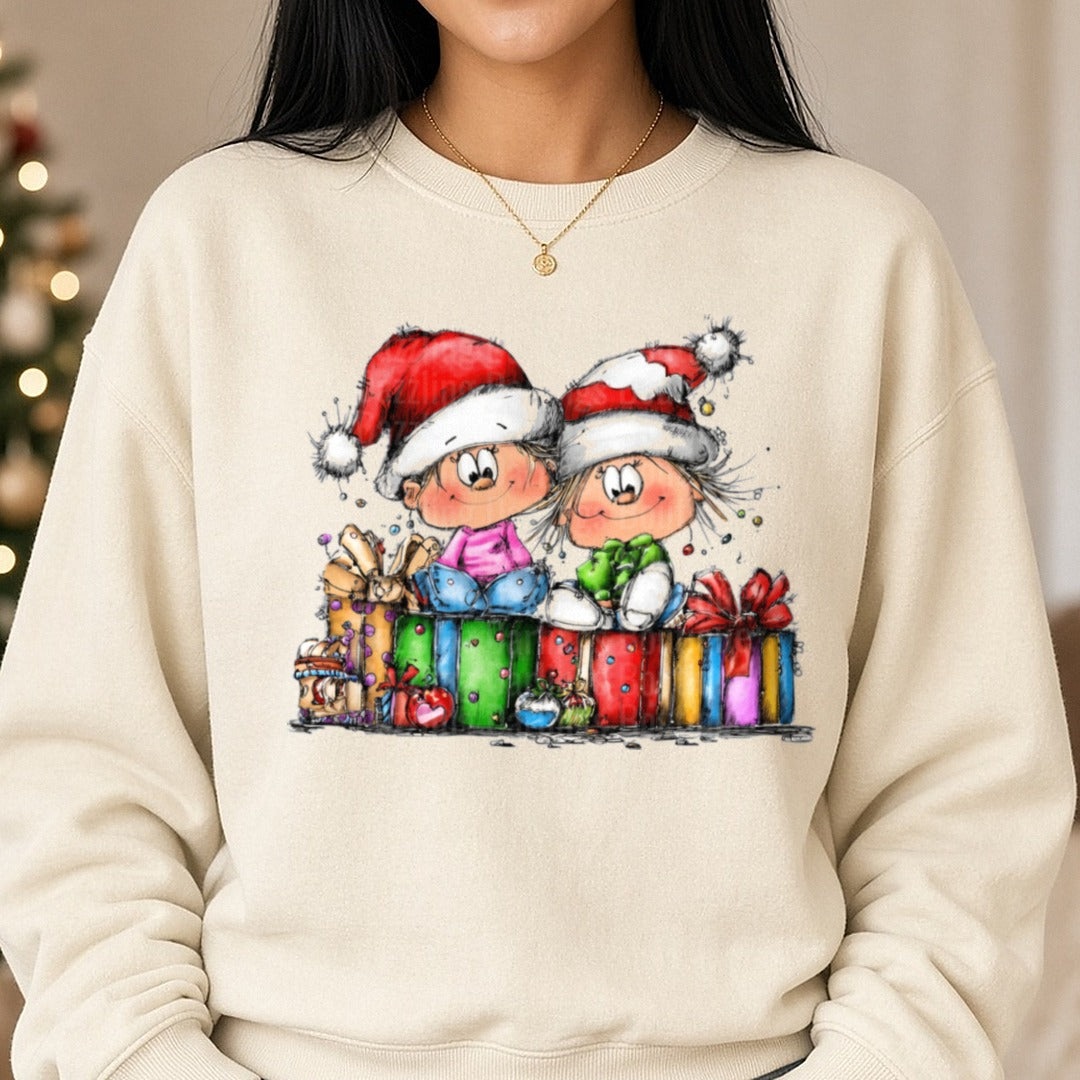 Hand-drawn Christmas Couple DTF transfer shown on a Comfort Colors sweatshirt