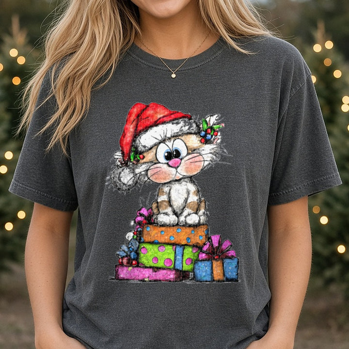 Hand-drawn Christmas DTF transfer shown on a Comfort Colors tee