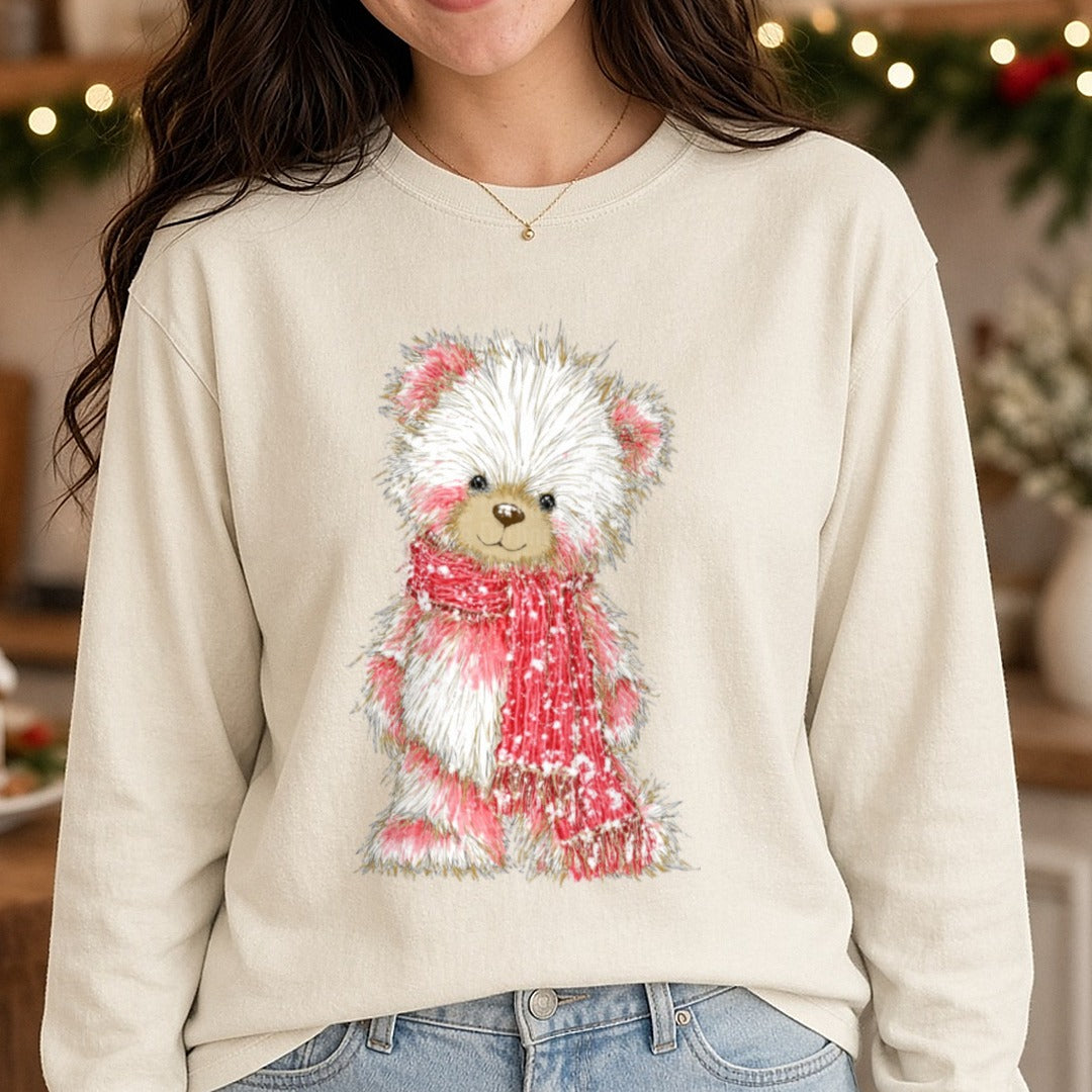 Christmas Teddy Bear DTF transfer shown on a Comfort Colors long sleeve tee