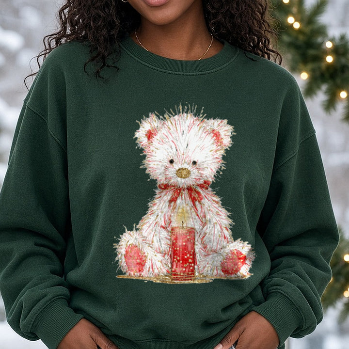 Christmas Teddy Bear White With Red Candle DTF transfer shown on a Comfort Colors sweatshirt