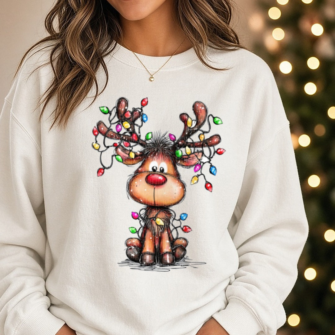 Hand-drawn Christmas Tangled Lights Reindeer DTF transfer shown on a Comfort Colors sweatshirt