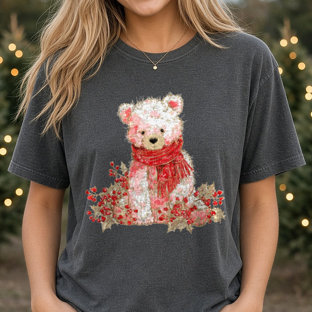 Christmas Teddy Bear Pink Holly Berries DTF transfer shown on a Comfort Colors tee