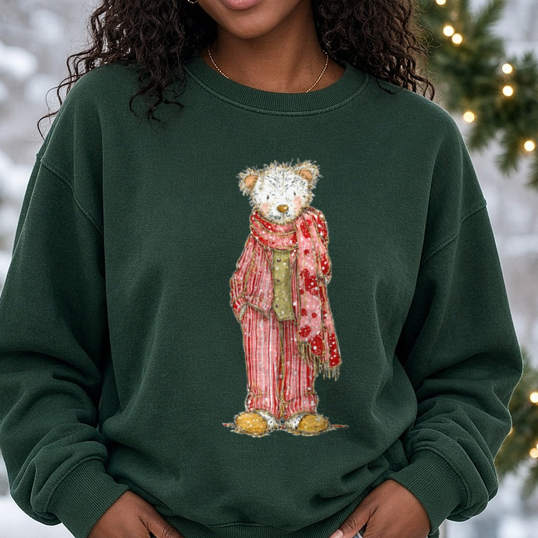 Christmas Teddy Bear Standing Striped Pajamas Gold Slippers DTF transfer shown on a Comfort Colors sweatshirt