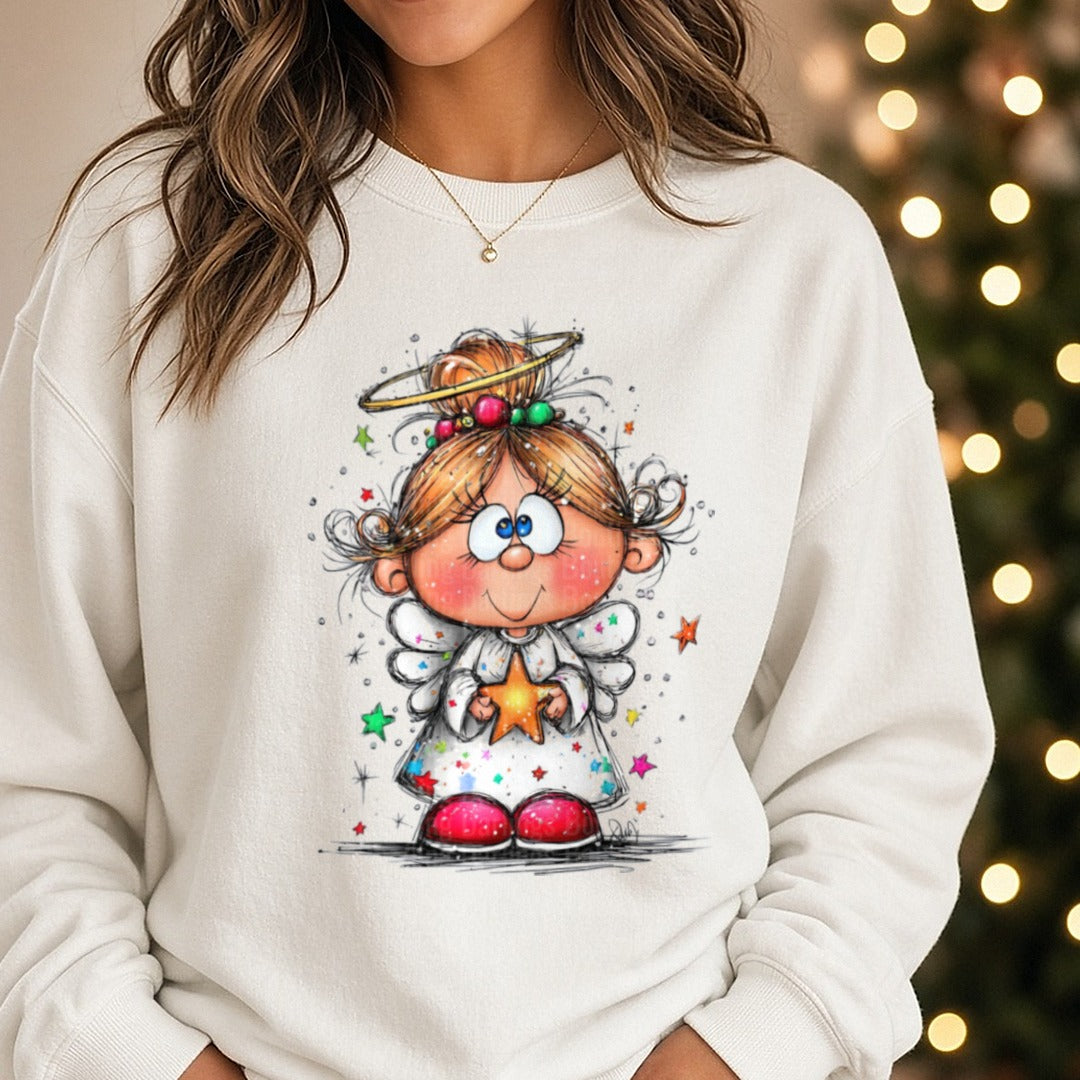 Hand-drawn Christmas Angel Holding Star Halo Lights DTF transfer shown on a Comfort Colors sweatshirt