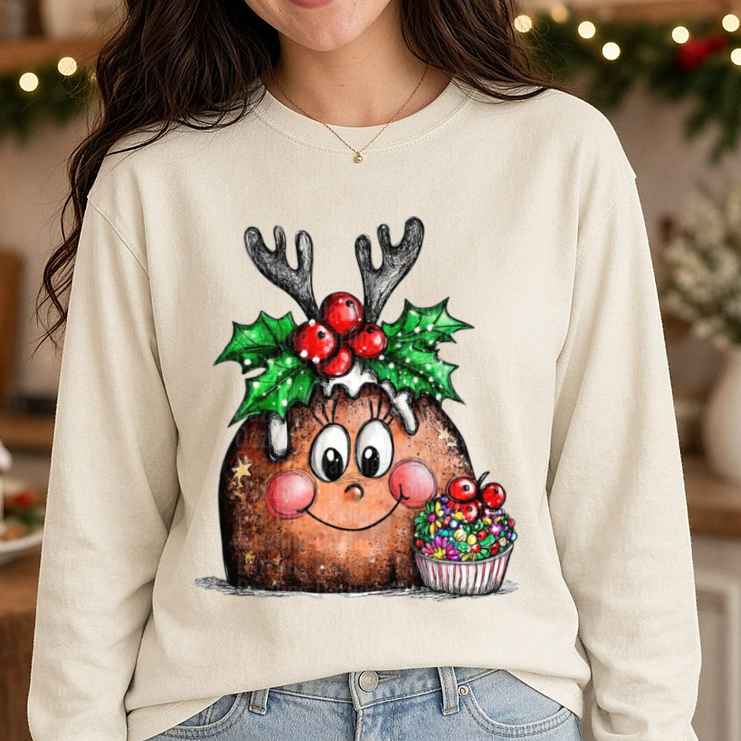 Hand-drawn Christmas Pudding Reindeer Antlers Sprinkle Treat DTF transfer shown on a Comfort Colors long sleeve tee