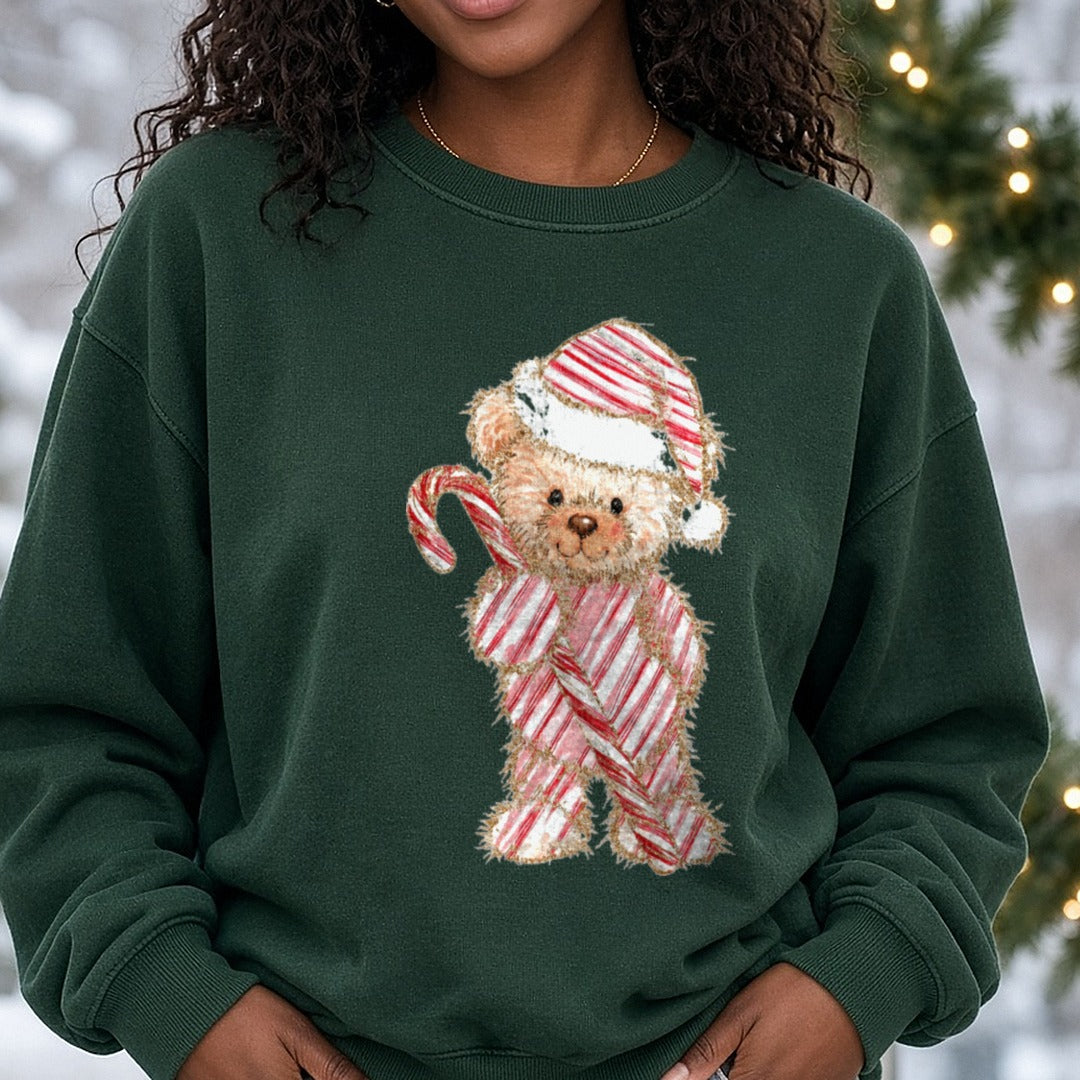 Christmas Teddy Bear Candy Cane Santa Hat DTF transfer shown on a Comfort Colors sweatshirt