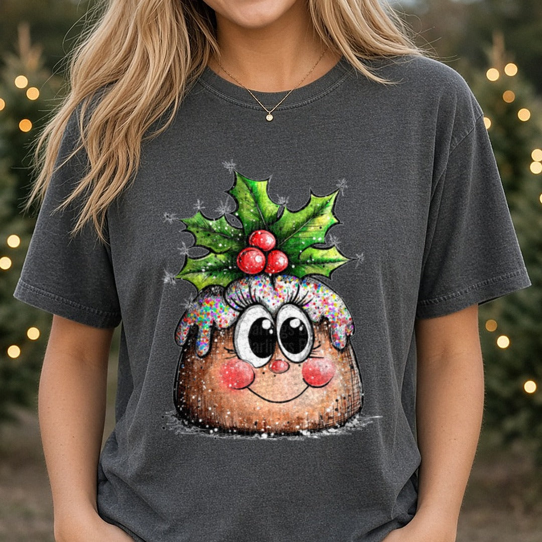 Hand-drawn Christmas Pudding Holly Sprinkles DTF transfer shown on a Comfort Colors tee