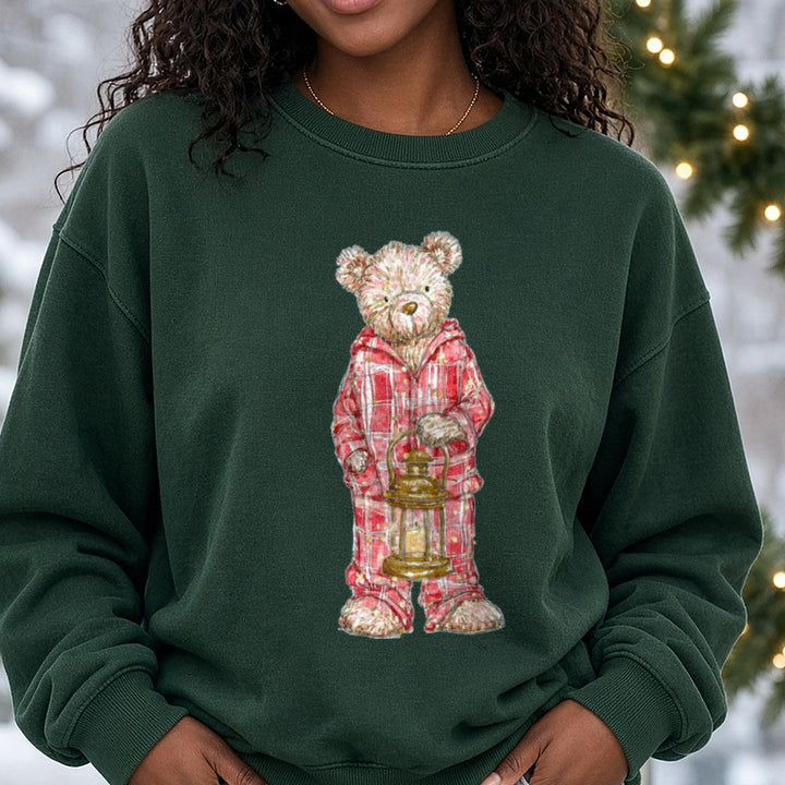 Christmas Teddy Bear Plaid Pajamas Gold Lantern DTF transfer shown on a Comfort Colors sweatshirt