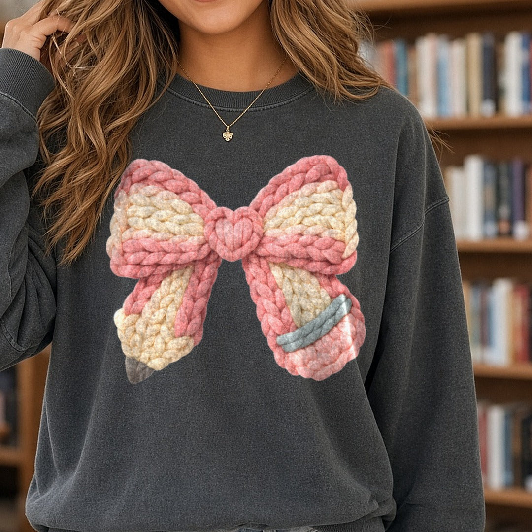 Pencil Bow Valentines DTF transfer shown on a Comfort Colors sweatshirt