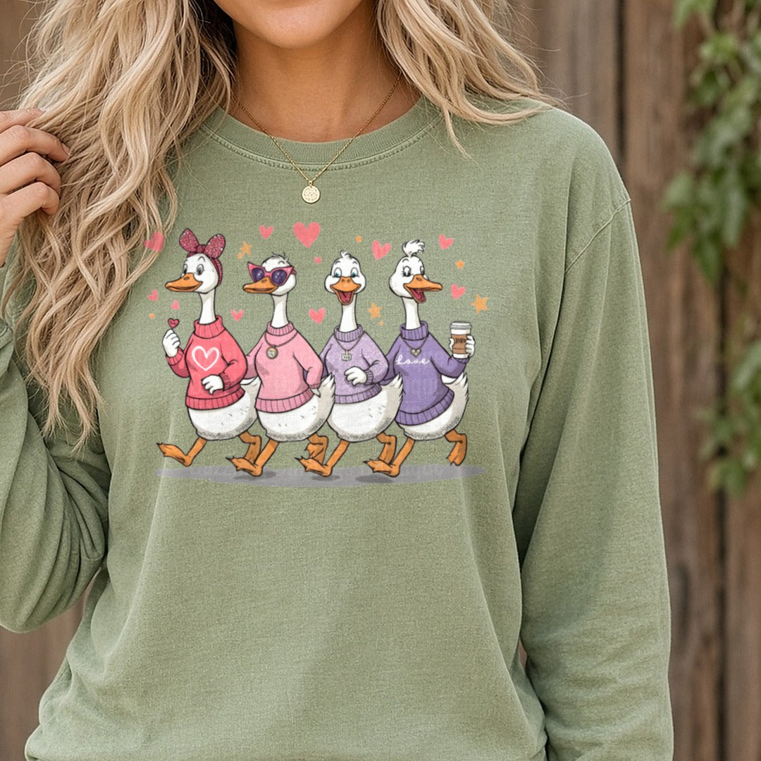 Valentines Day Goose DTF transfer shown on a Comfort Colors long sleeve tee