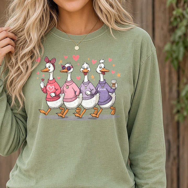Valentines Day Goose DTF transfer shown on a Comfort Colors long sleeve tee