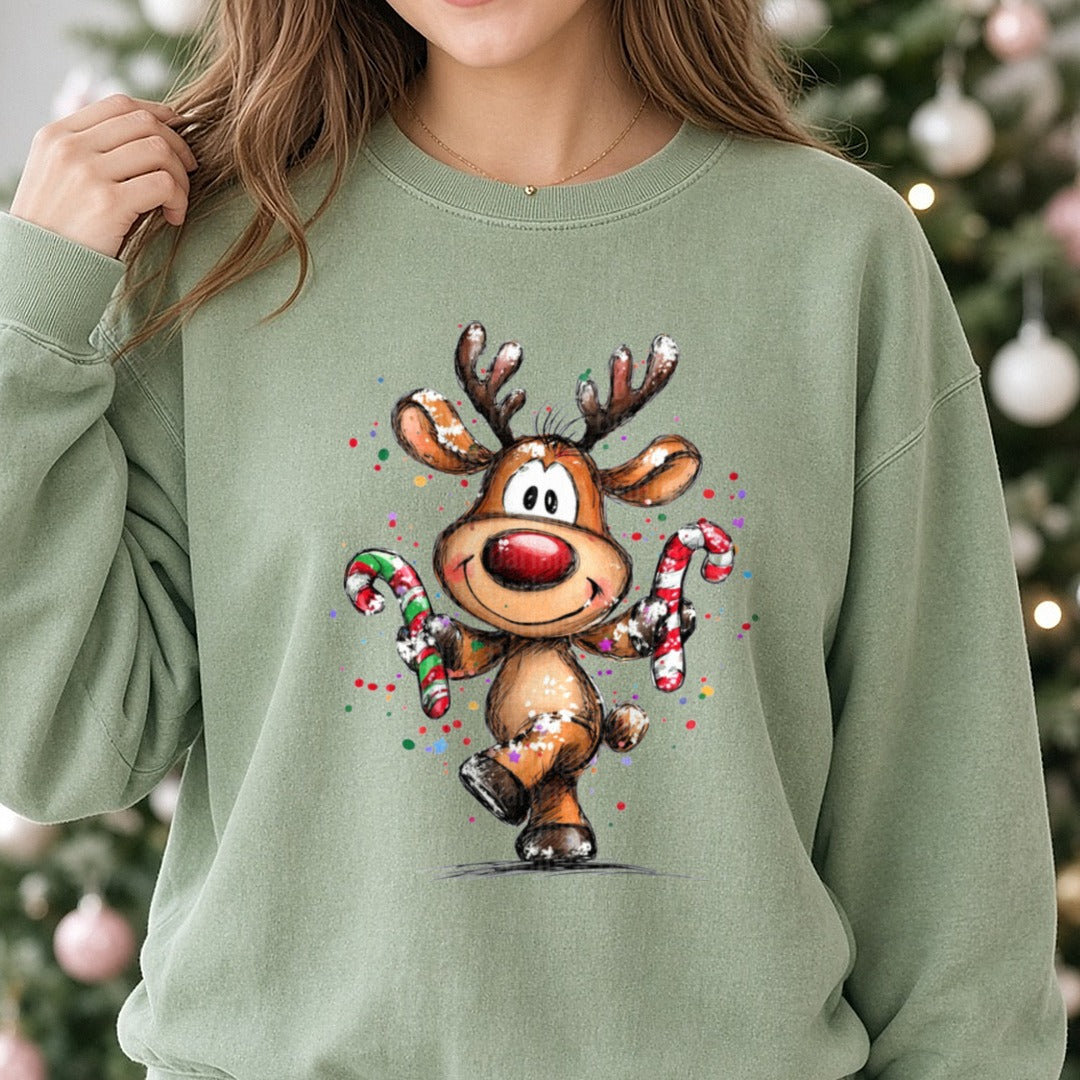 Hand-drawn Christmas Reindeer DTF transfer shown on a Comfort Colors sweatshirt