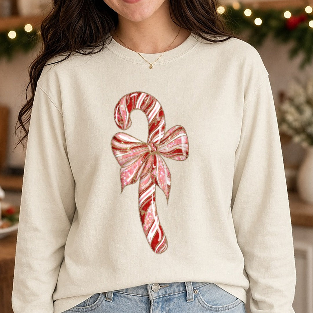 Christmas Candy Cane DTF transfer shown on a Comfort Colors long sleeve tee