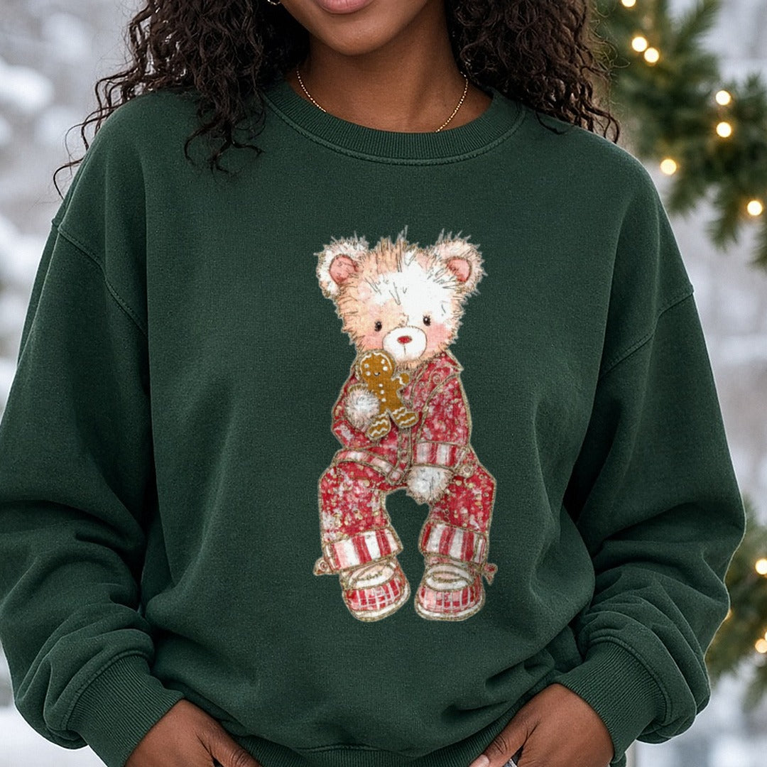 Christmas Teddy Bear Gingerbread Man Striped Pajamas DTF transfer shown on a Comfort Colors sweatshirt