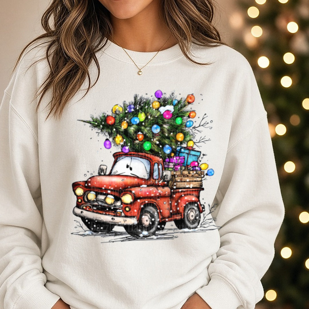 Hand-drawn Christmas Truck DTF transfer shown on a Comfort Colors sweatshirt
