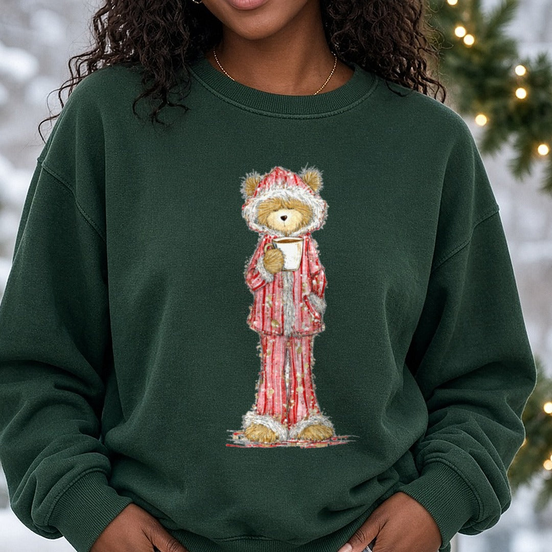 Christmas Teddy Bear Hooded Pajamas Hot Cocoa DTF transfer shown on a Comfort Colors sweatshirt