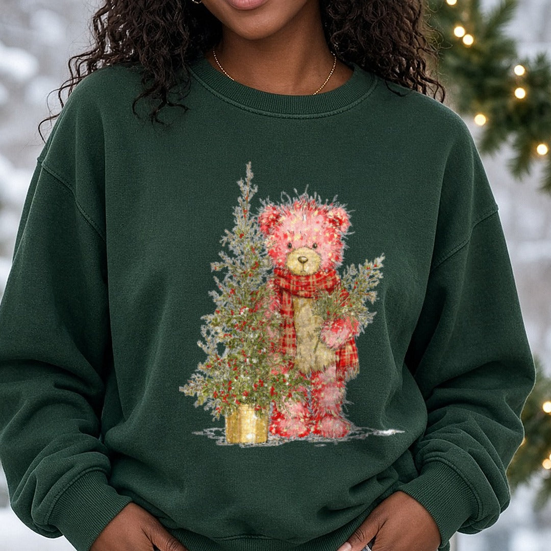Christmas Teddy Bear Pink Bear Gold Tree DTF transfer shown on a Comfort Colors sweatshirt