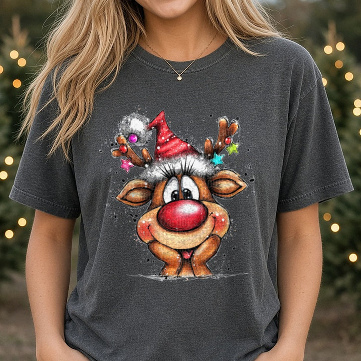 Hand-drawn Christmas Reindeer Santa Hat Colorful Stars DTF transfer shown on a Comfort Colors tee