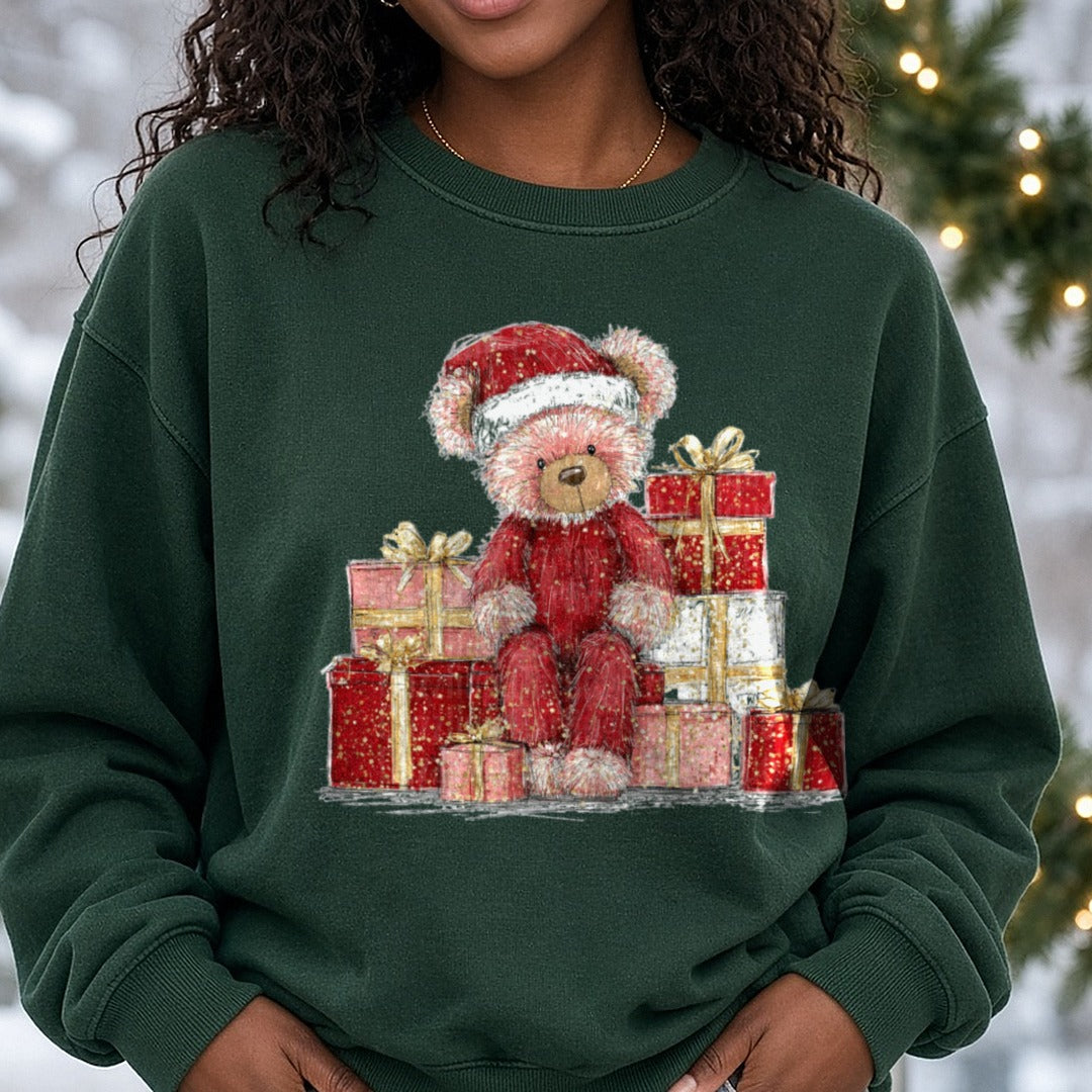 Christmas Teddy Bear Red Bear Santa Hat Gift Pile DTF transfer shown on a Comfort Colors sweatshirt