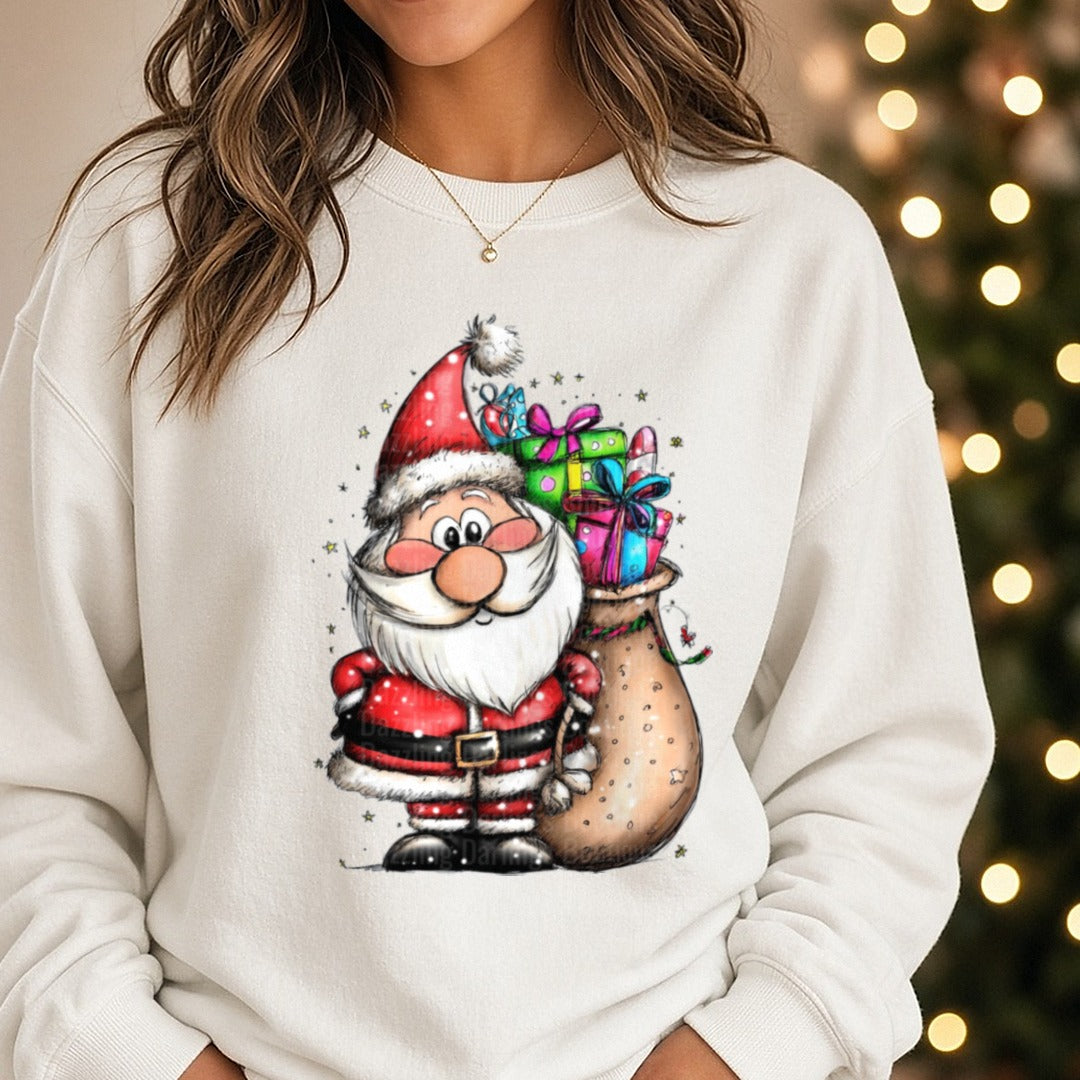 Hand-drawn Christmas Santa with Sack DTF transfer shown on a Comfort Colors sweatshirt