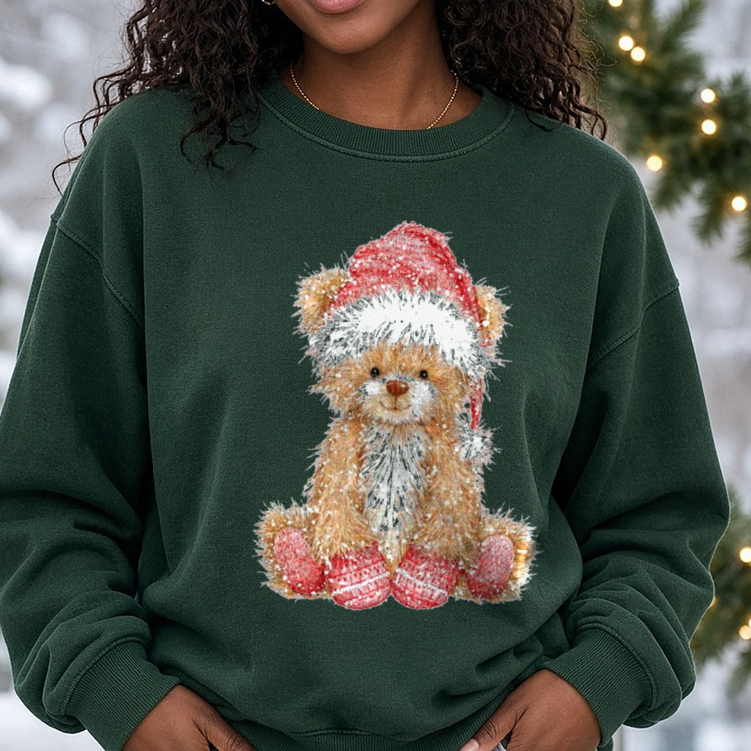 Christmas Teddy Bear Fluffy Santa Hat Red Slippers DTF transfer shown on a Comfort Colors sweatshirt