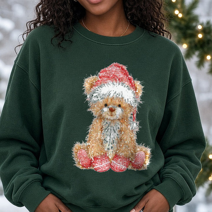 Christmas Teddy Bear Fluffy Santa Hat Red Slippers DTF transfer shown on a Comfort Colors sweatshirt