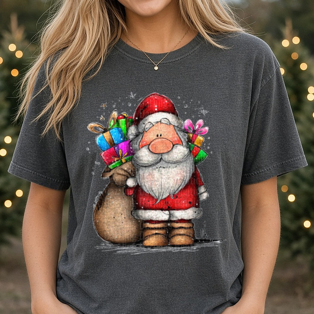Hand-drawn Christmas Santa with Sack Brown Boots Gifts DTF transfer shown on a Comfort Colors tee
