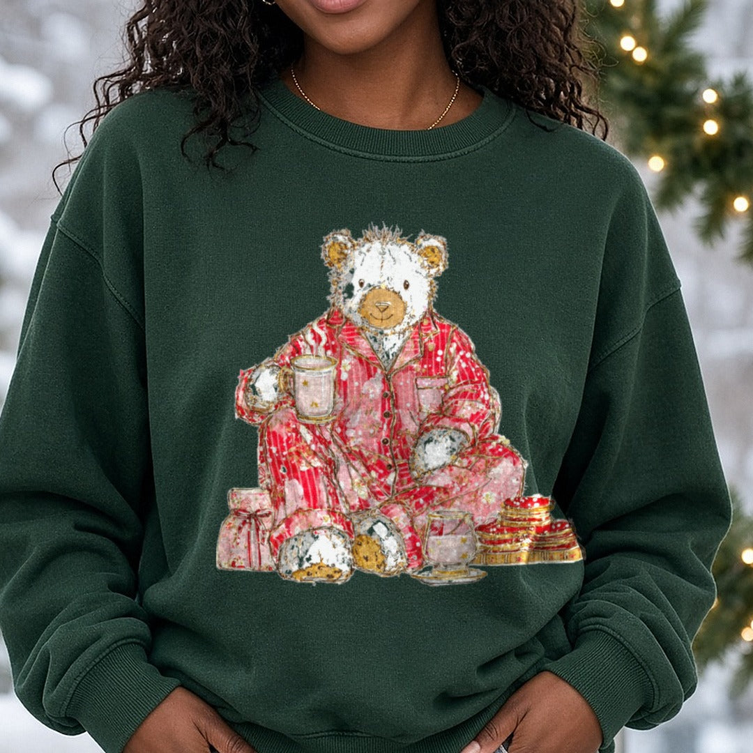 Christmas Teddy Bear Plaid Pajamas Cookies And Cocoa DTF transfer shown on a Comfort Colors sweatshirt