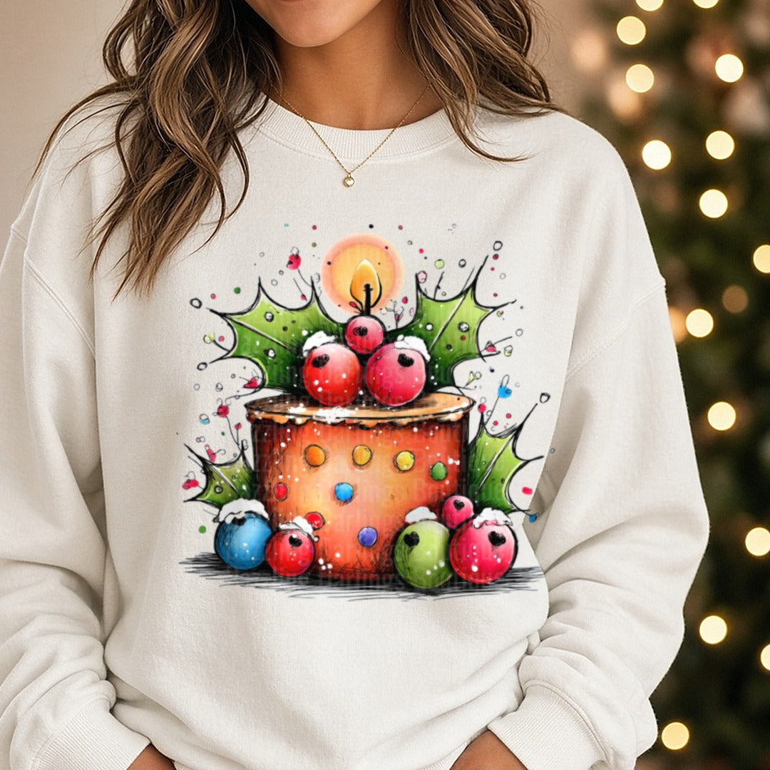 Hand-drawn Christmas Mug Candle Holly Ornaments DTF transfer shown on a Comfort Colors sweatshirt