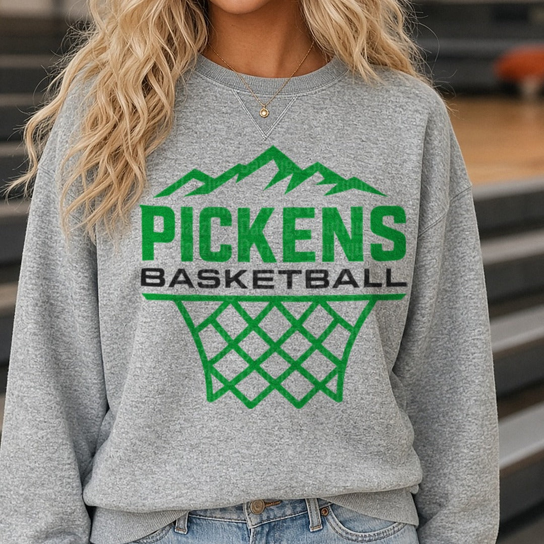 Pickens Basketball Logo DTF transfer shown on a Comfort Colors sweatshirt