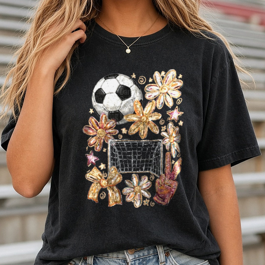 Soccer DTF transfer shown on a Comfort Colors tee