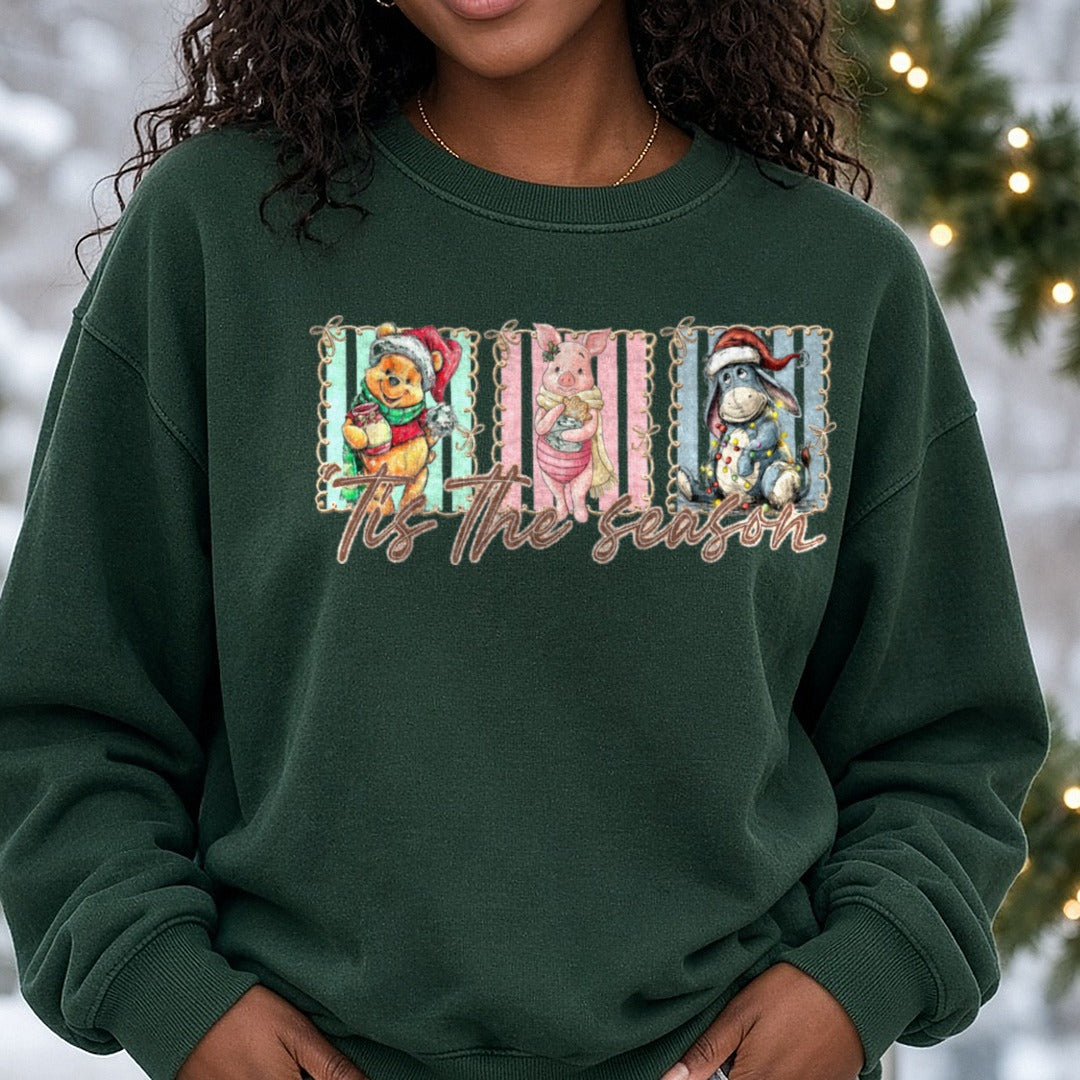Tis the season DTF transfer shown on a Comfort Colors sweatshirt