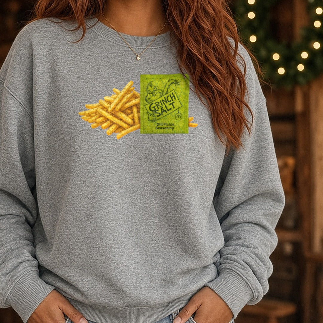 Grinch fries DTF transfer shown on a Comfort Colors sweatshirt