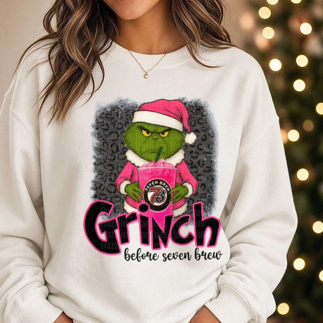 Grinch pink seven brew DTF transfer shown on a Comfort Colors sweatshirt