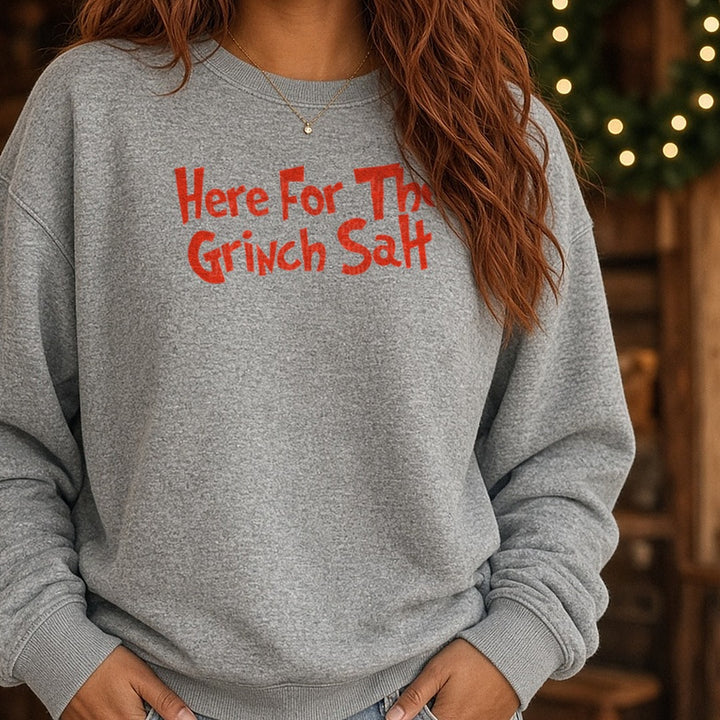 grinch salt red DTF transfer shown on a Comfort Colors sweatshirt