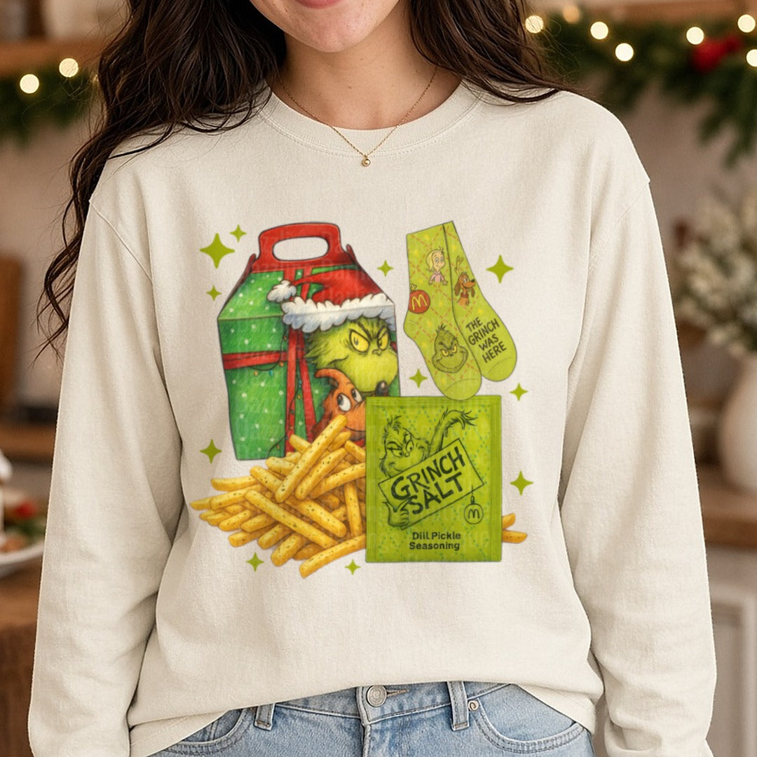 Grinch Fries Happy Meal Socks DTF transfer shown on a Comfort Colors long sleeve tee